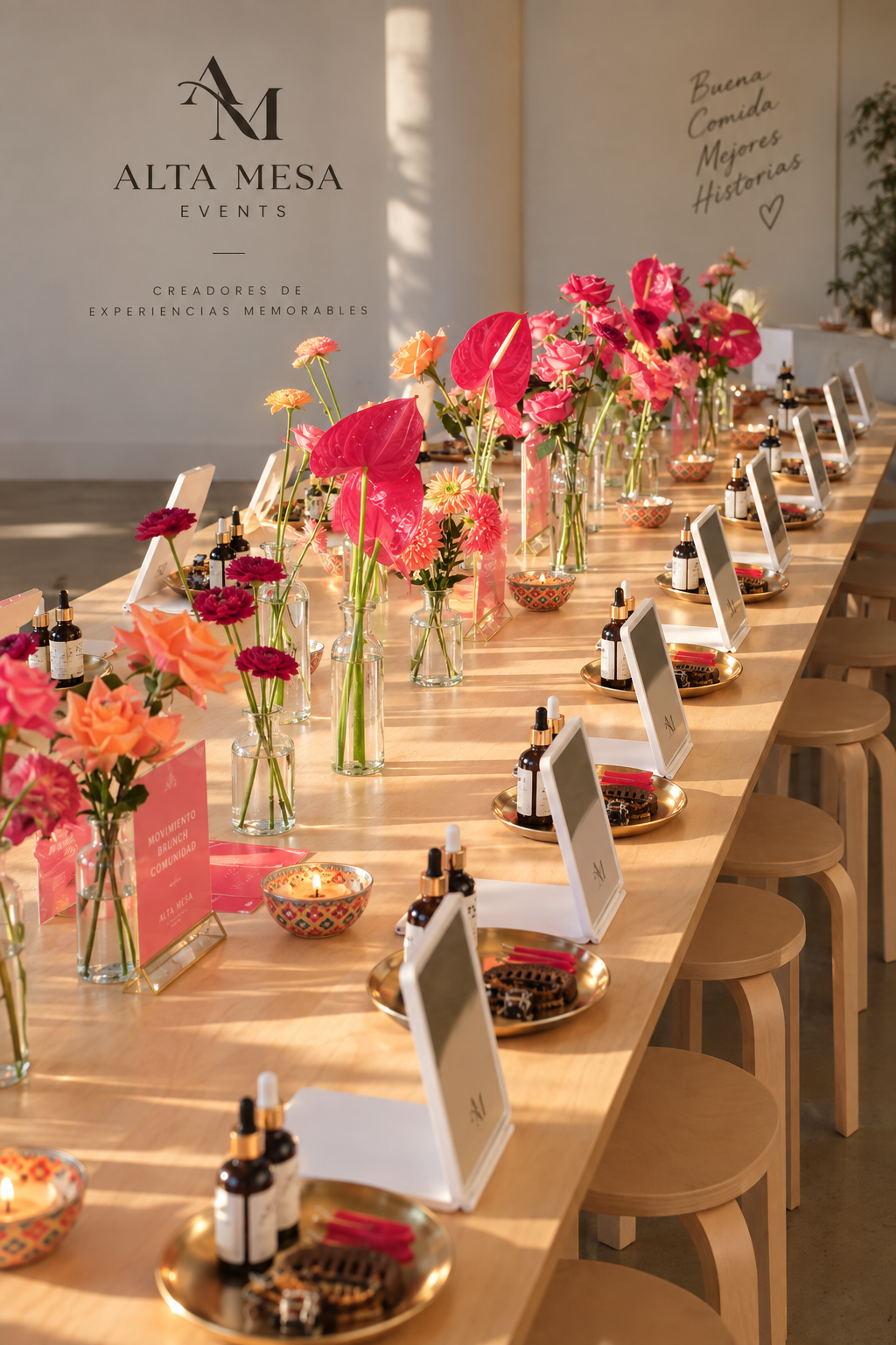 Mesa larga de masterclass con florales fucsia, espejos y estaciones de trabajo para cada asistente