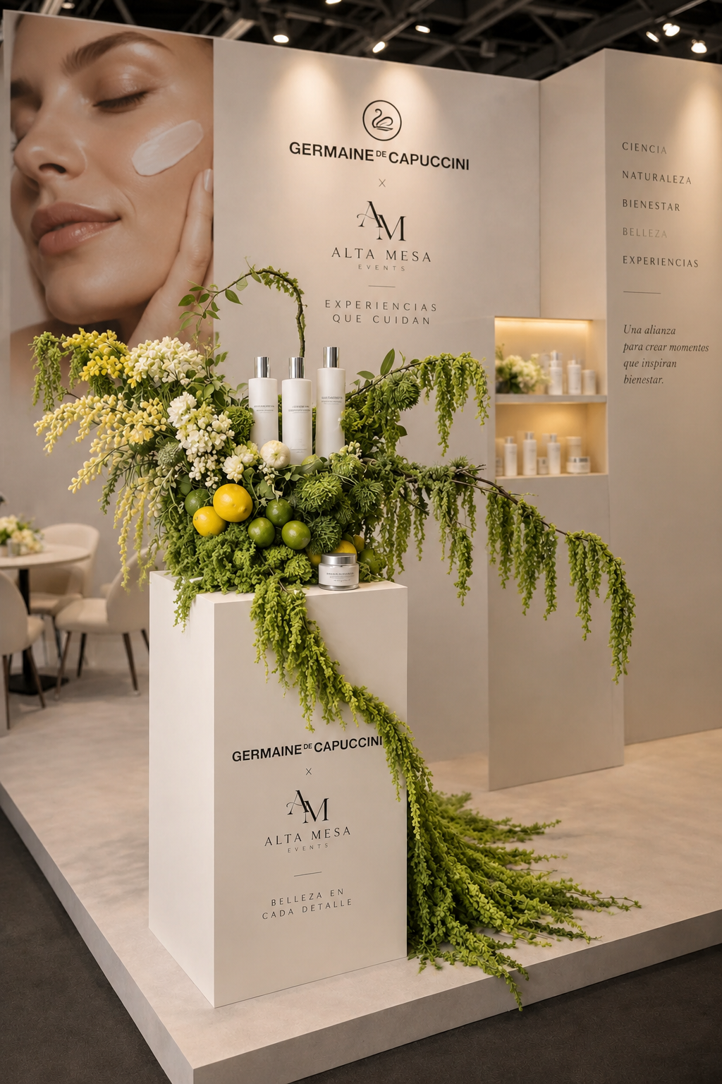 Stand de Germaine de Capuccini diseñado por Alta Mesa con pedestal de producto y cascada botánica