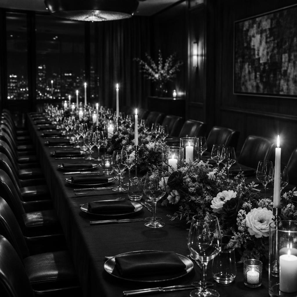 Mesa de bienvenida con velas, cristalería y camino floral en blanco y negro